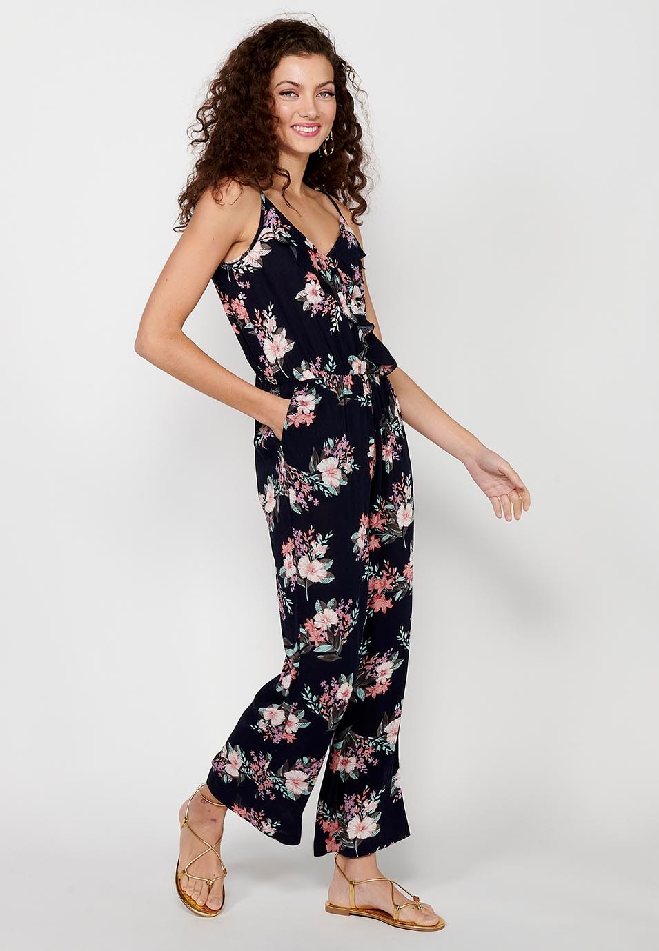 Langes Jumpsuit-Kleid mit verstellbaren Trägern, gummierter Taille und blauem Blumendruck für Damen 2