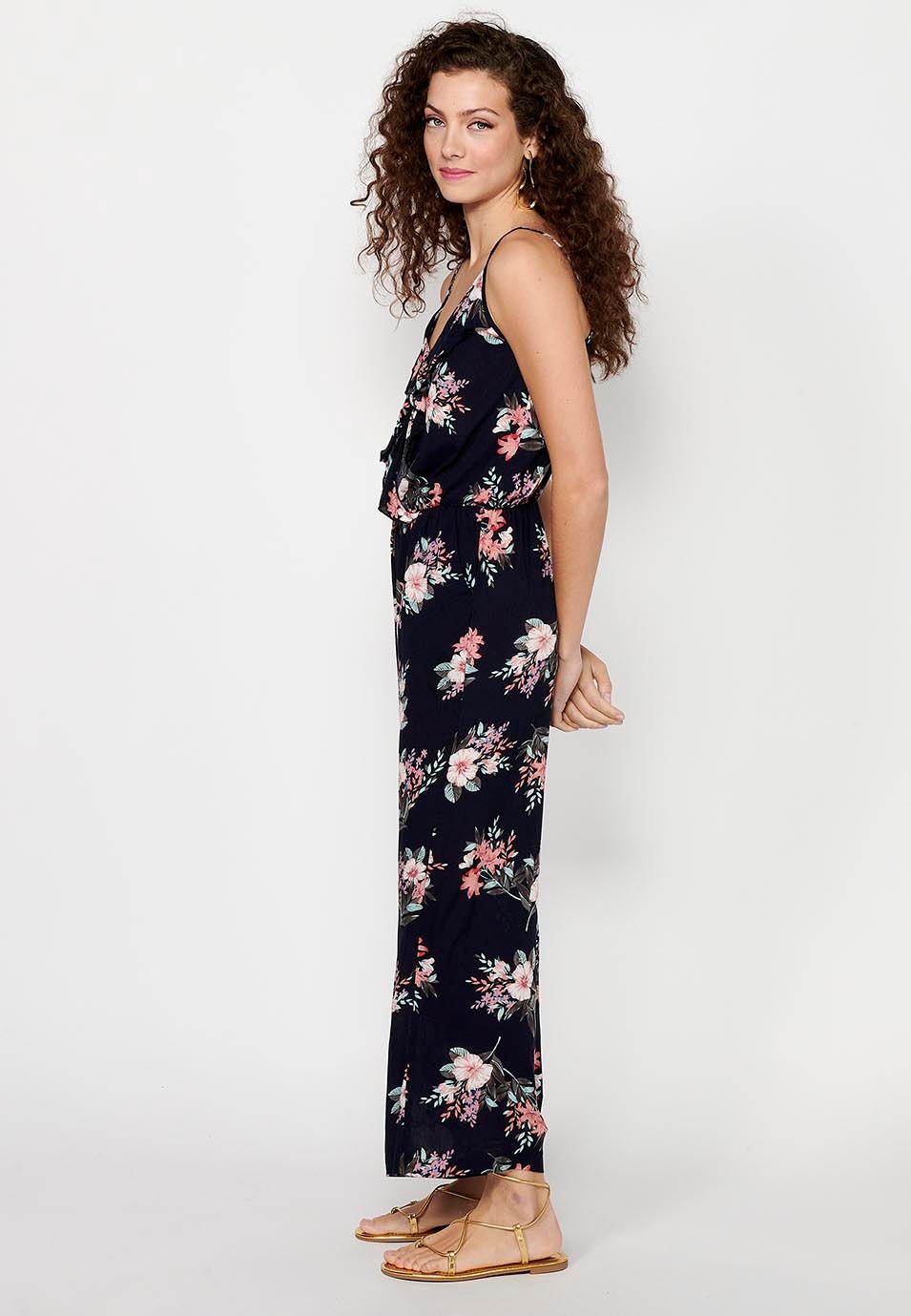 Langes Jumpsuit-Kleid mit verstellbaren Trägern, gummierter Taille und blauem Blumendruck für Damen 4