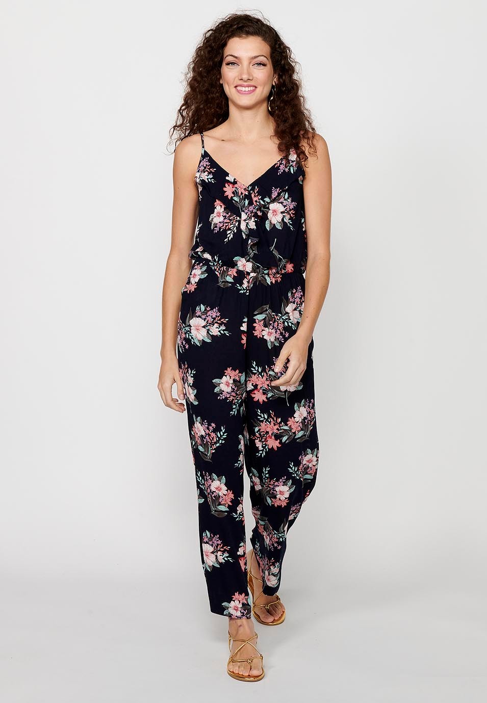 Long jumpsuit dress with adjustable straps with rubberized waist and blue floral print for Women 3