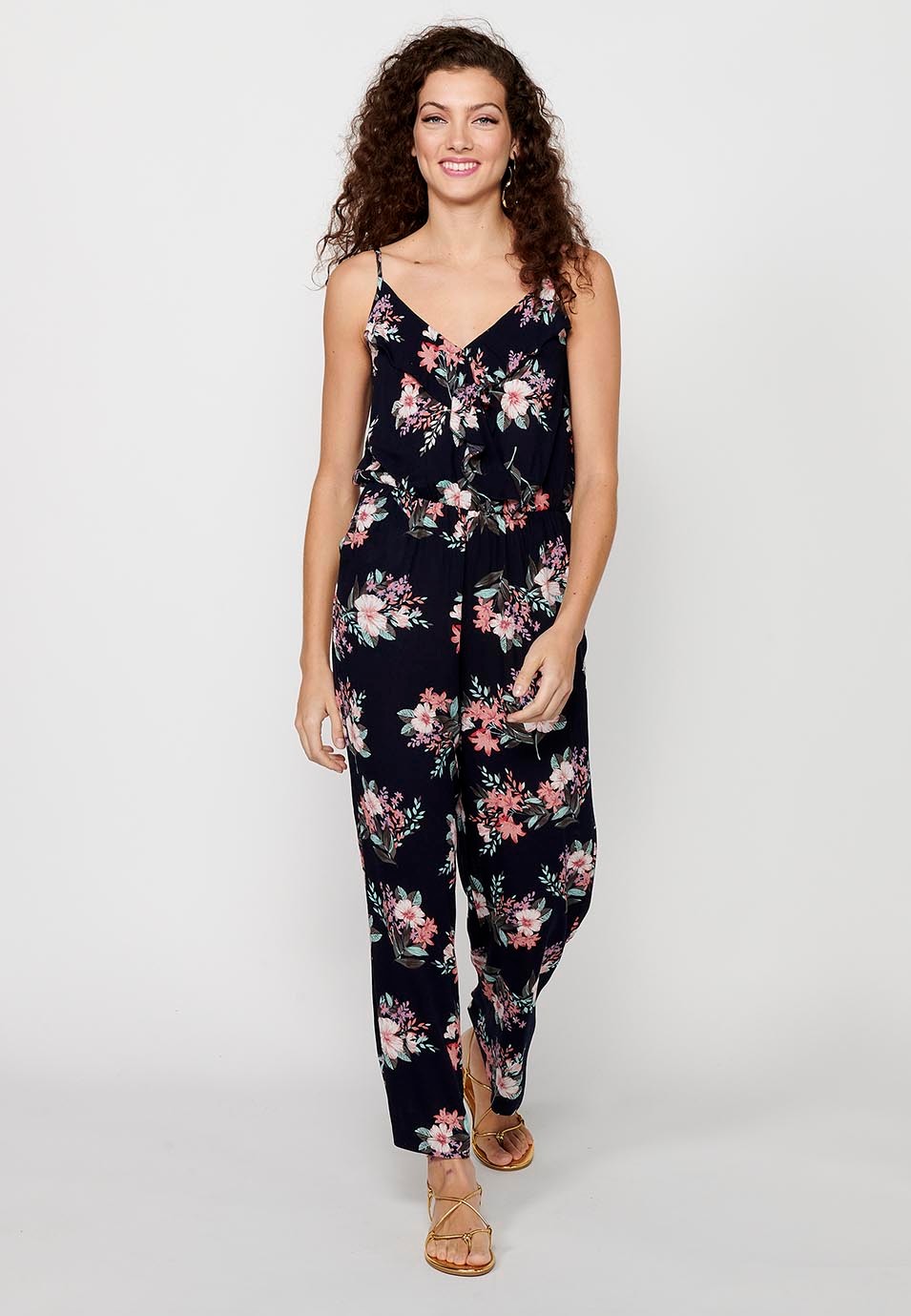 Langes Jumpsuit-Kleid mit verstellbaren Trägern, gummierter Taille und blauem Blumendruck für Damen 3