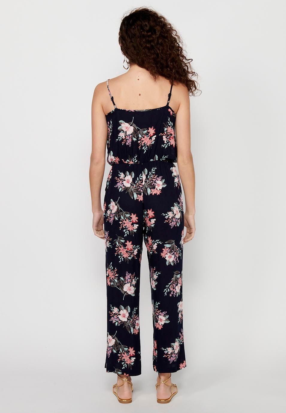 Langes Jumpsuit-Kleid mit verstellbaren Trägern, gummierter Taille und blauem Blumendruck für Damen 7