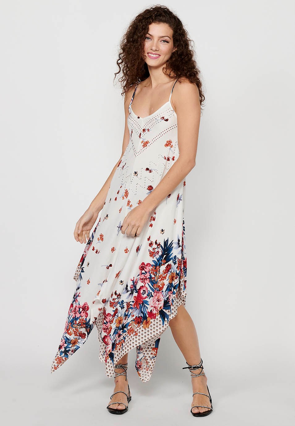Strap Dress with V-neckline and White Floral Print for Women