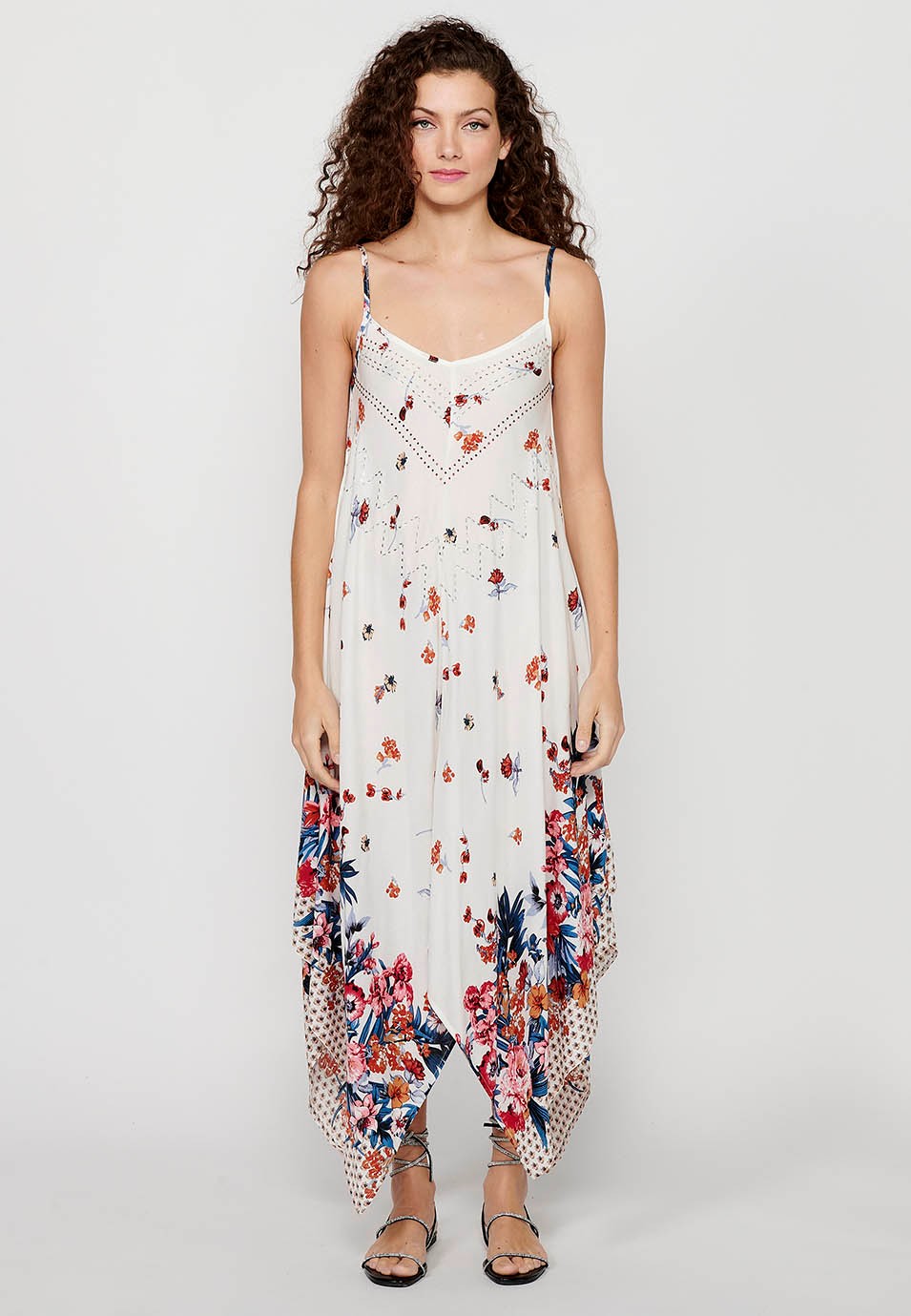 Strap Dress with V-neckline and White Floral Print for Women 1
