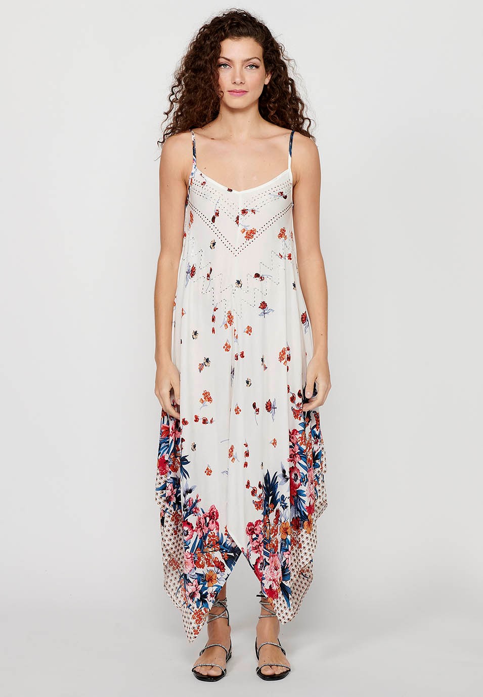 Robe à bretelles avec encolure en V et imprimé floral blanc pour femme 1