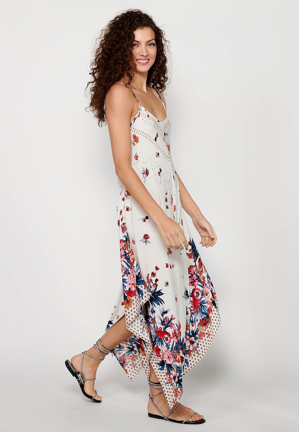 Strap Dress with V-neckline and White Floral Print for Women 3