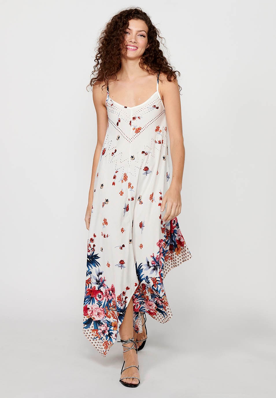 Strap Dress with V-neckline and White Floral Print for Women 2