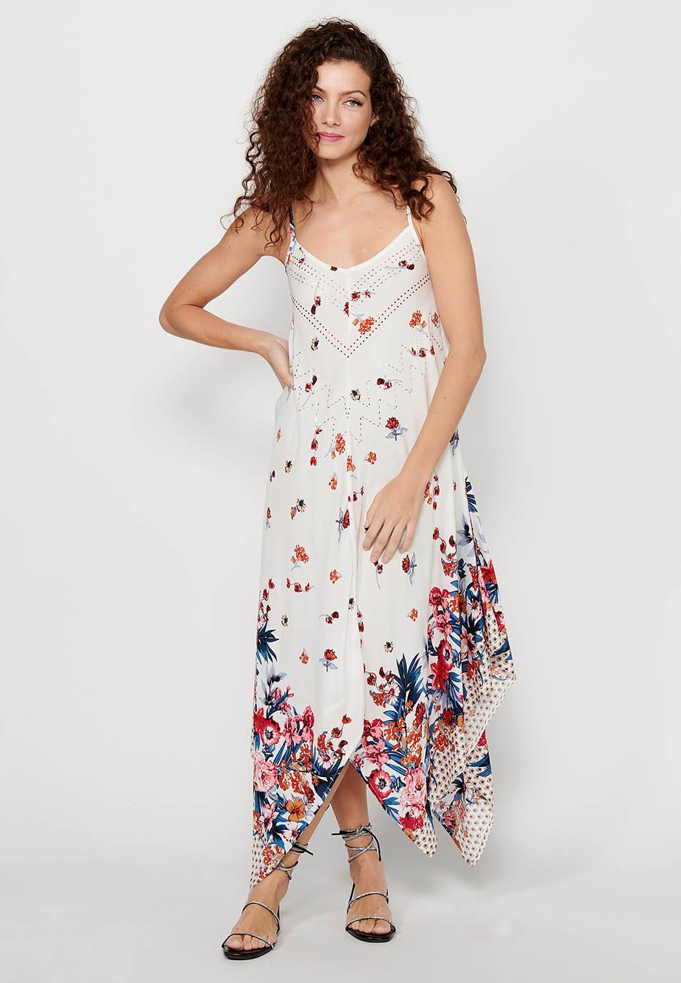 Strap Dress with V-neckline and White Floral Print for Women 4