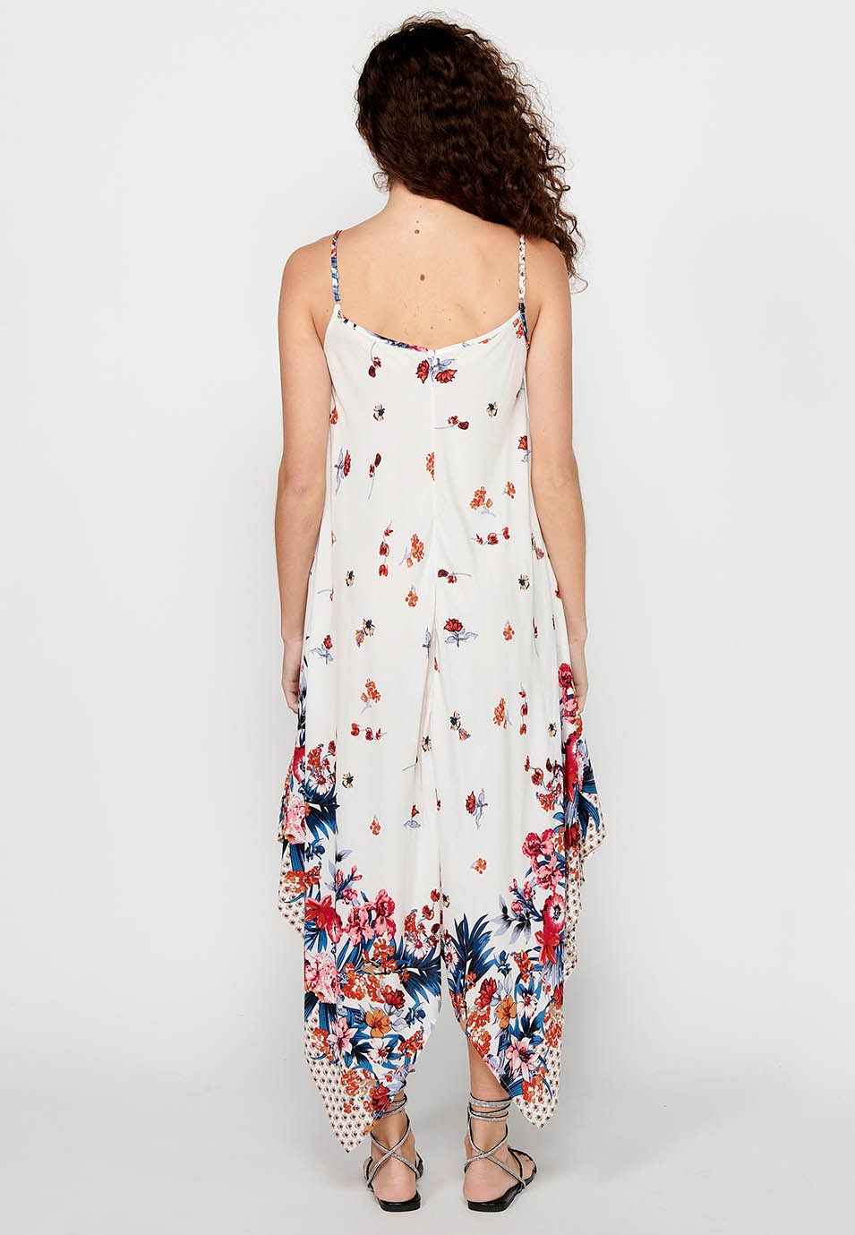 Strap Dress with V-neckline and White Floral Print for Women 7