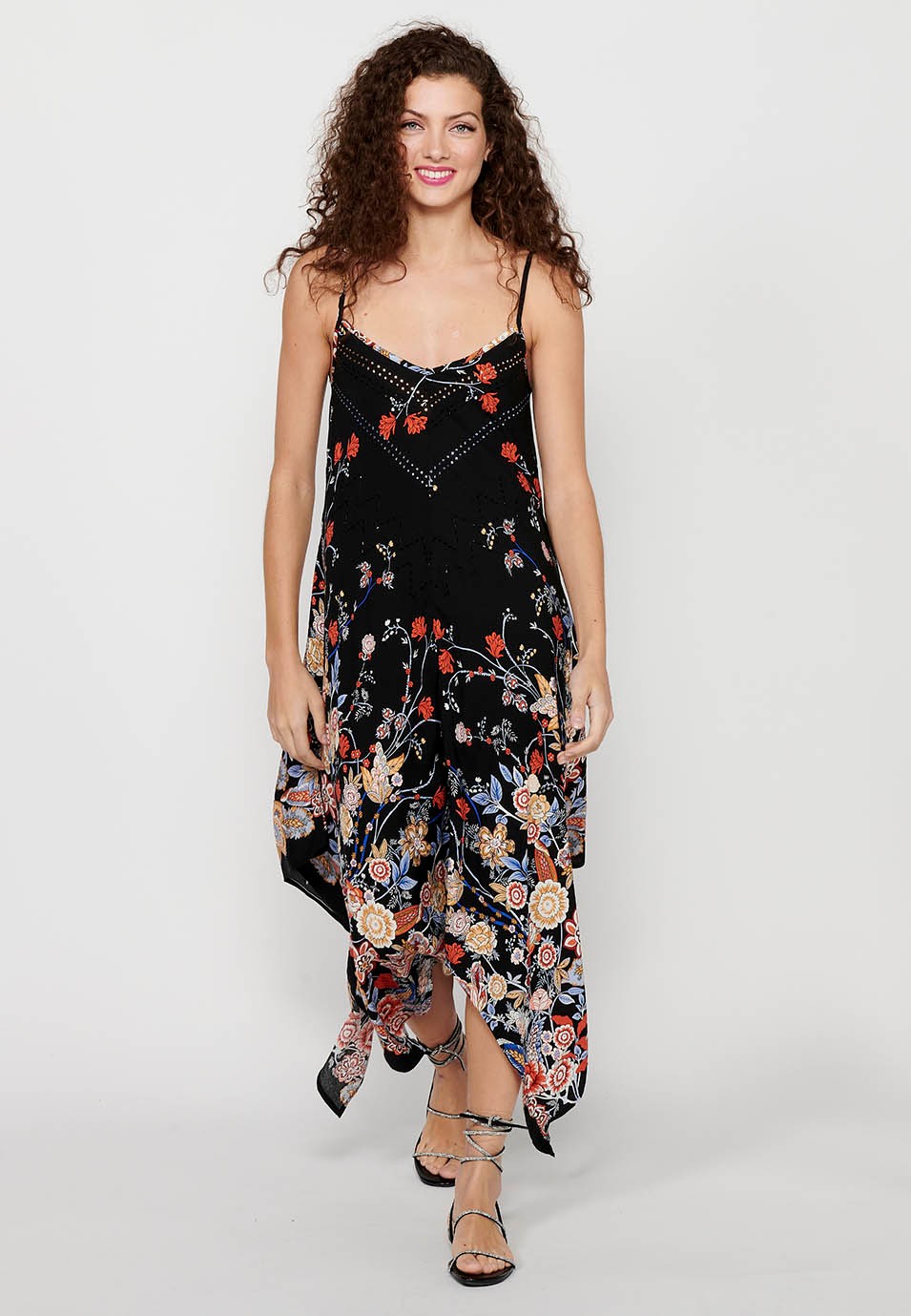 Strap Dress with V-neck and Black Floral Print for Women