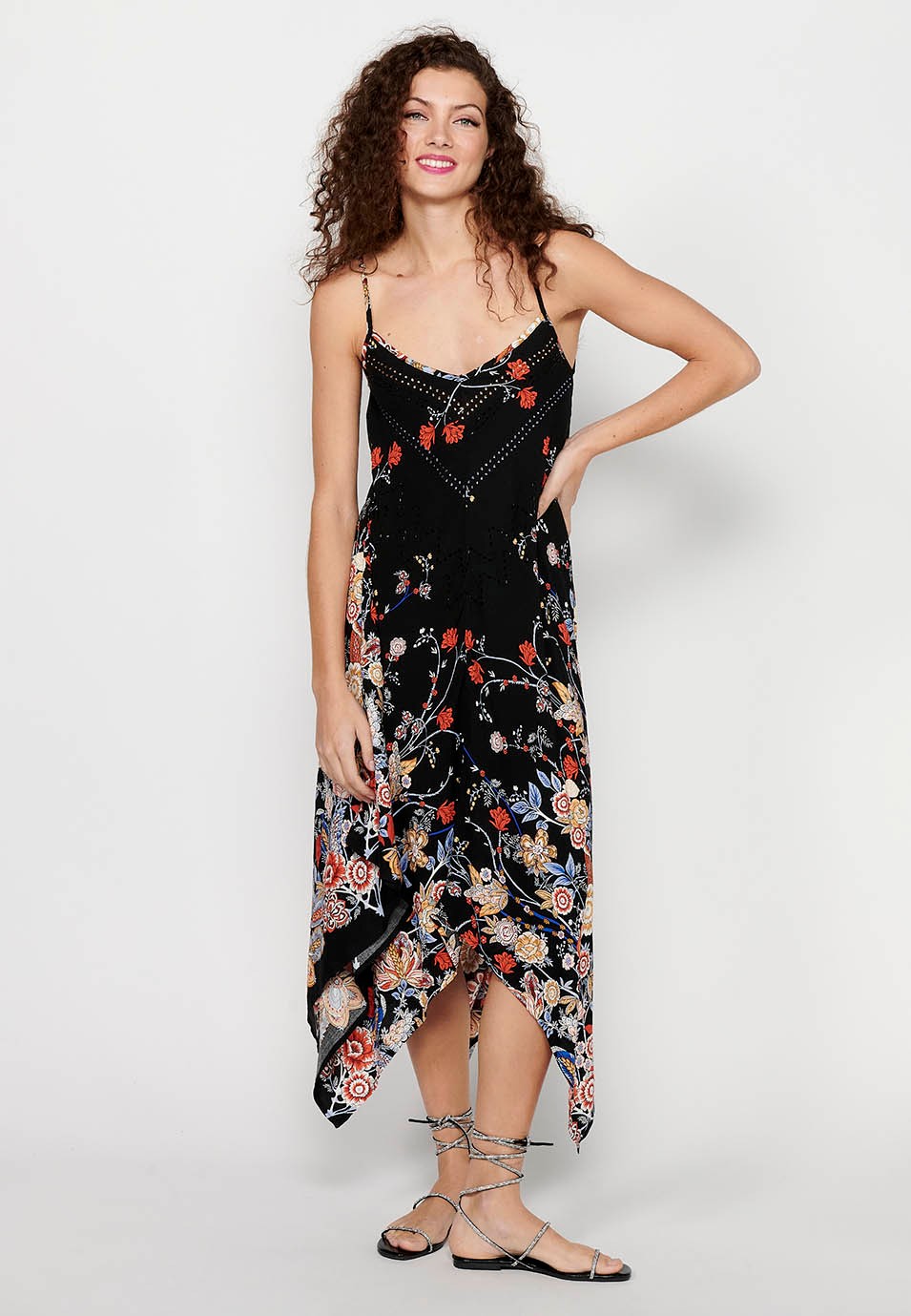 Strap Dress with V-neck and Black Floral Print for Women 1