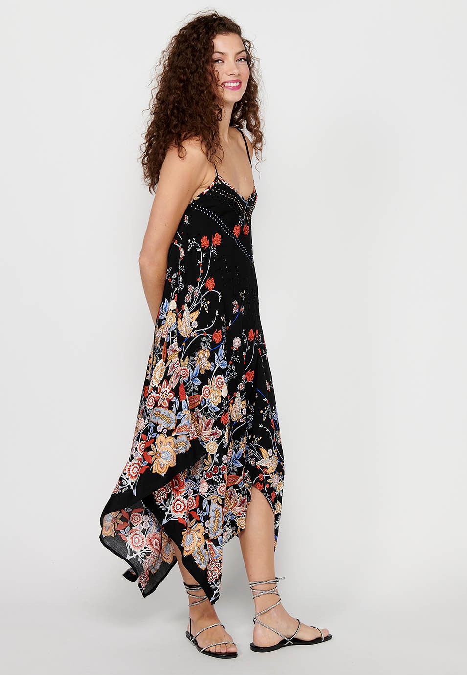 Strap Dress with V-neck and Black Floral Print for Women 5