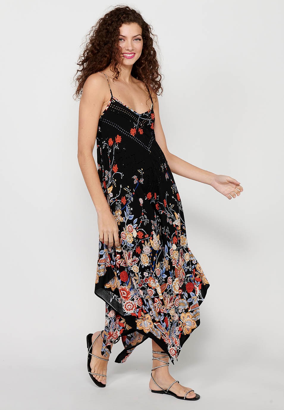 Strap Dress with V-neck and Black Floral Print for Women 3