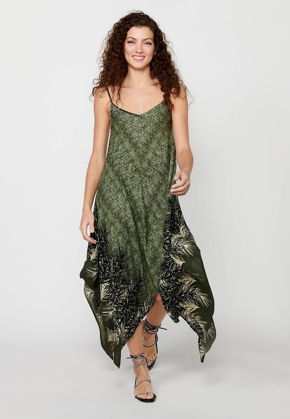 Khakifarbenes Trägerkleid mit Blumendruck und V-Ausschnitt für Damen