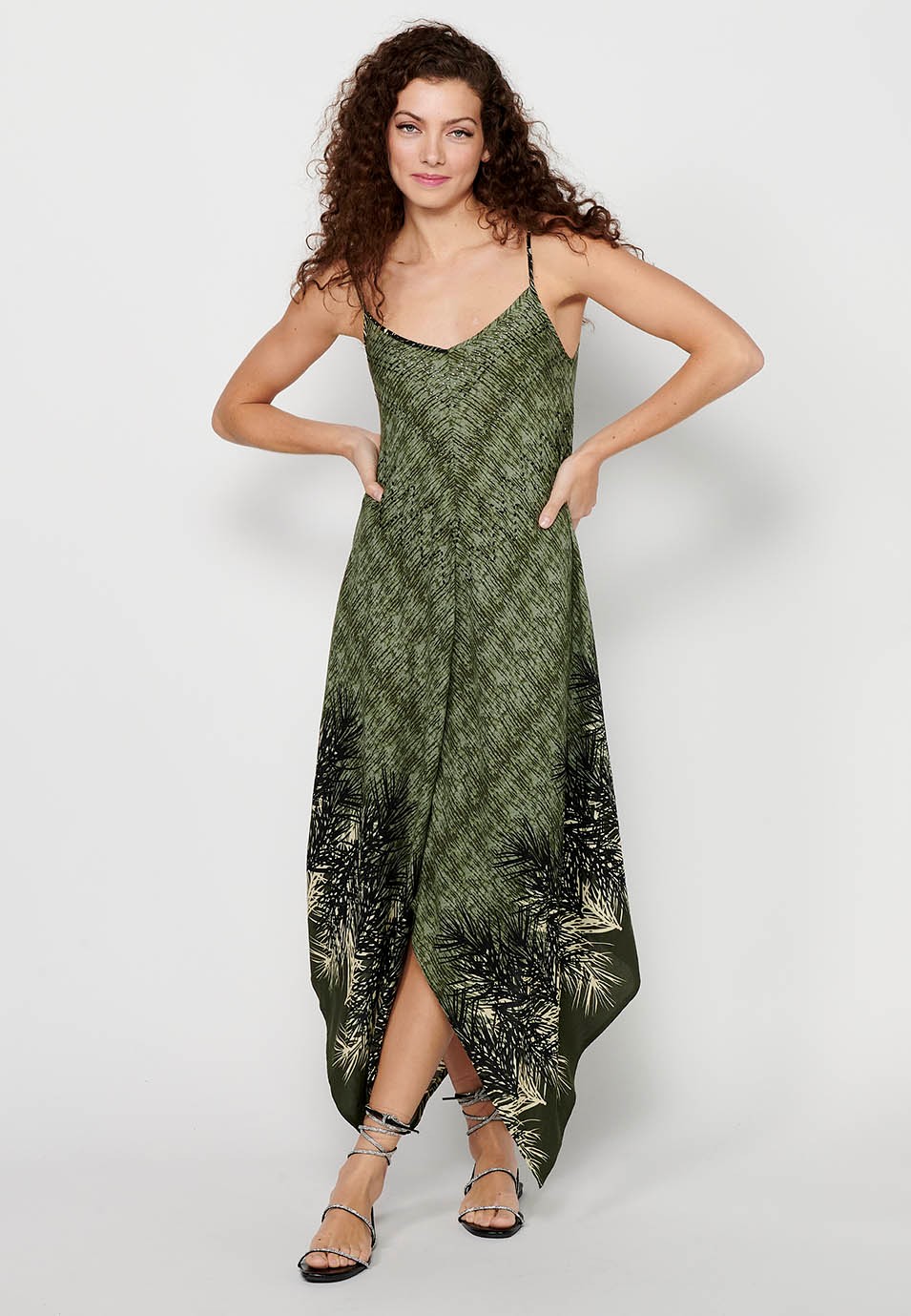 Khaki Floral Print V-Neck Strap Dress for Women 3