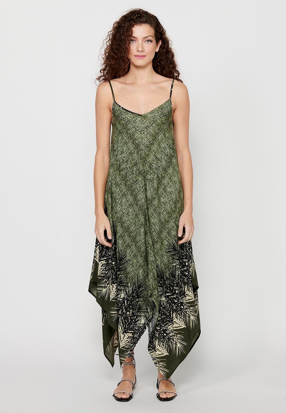 Khaki Floral Print V-Neck Strap Dress for Women 5