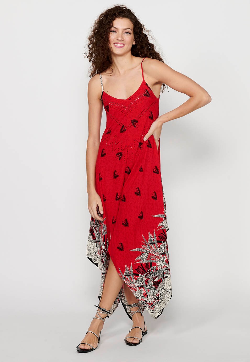 Robe à bretelles avec décolleté en V et imprimé floral rouge pour femme