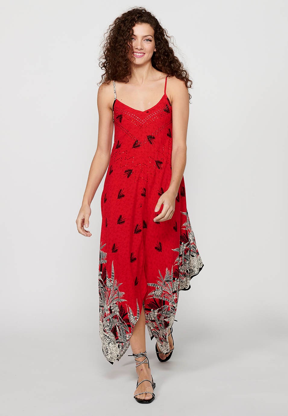 Trägerkleid mit V-Ausschnitt und rotem Blumendruck für Damen 1