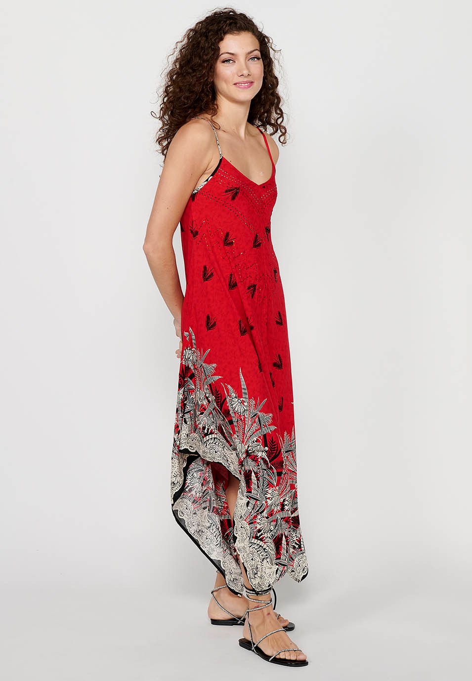 Robe à bretelles avec décolleté en V et imprimé floral rouge pour femme 7