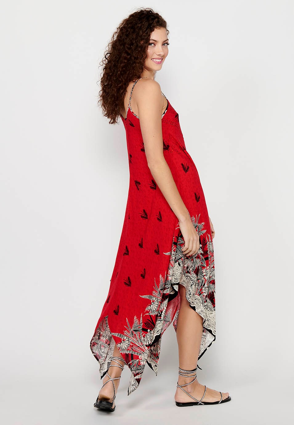 Trägerkleid mit V-Ausschnitt und rotem Blumendruck für Damen 3