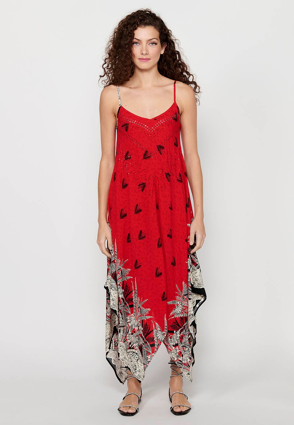 Robe à bretelles avec décolleté en V et imprimé floral rouge pour femme 6