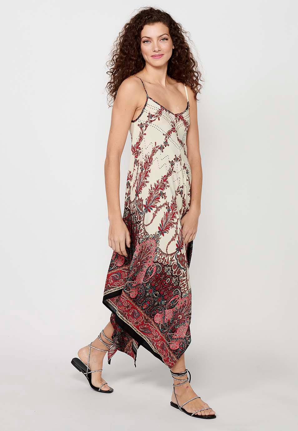 Strap Dress with V-neckline and Floral Print in Ecru for Women 4