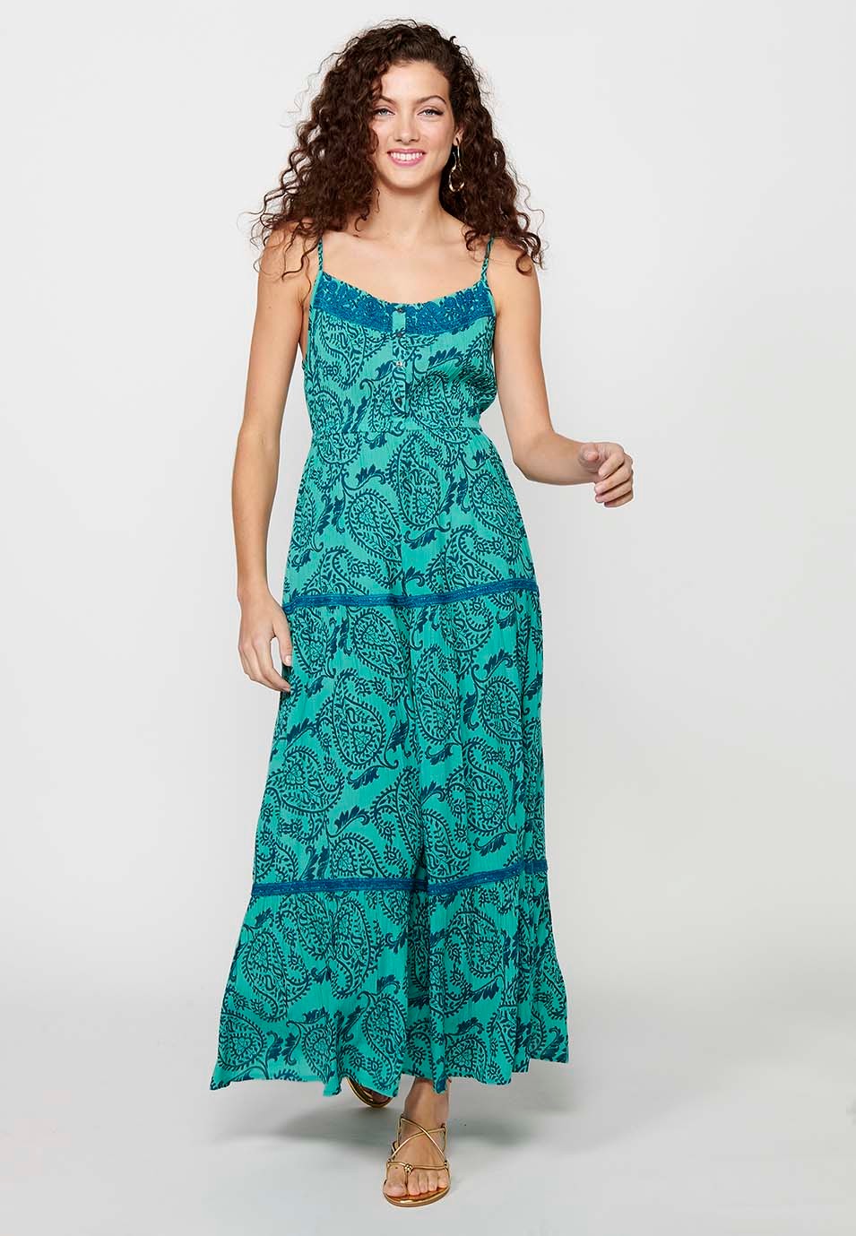 Long dress with adjustable straps with floral print and embroidered details and blue front buttons for Women