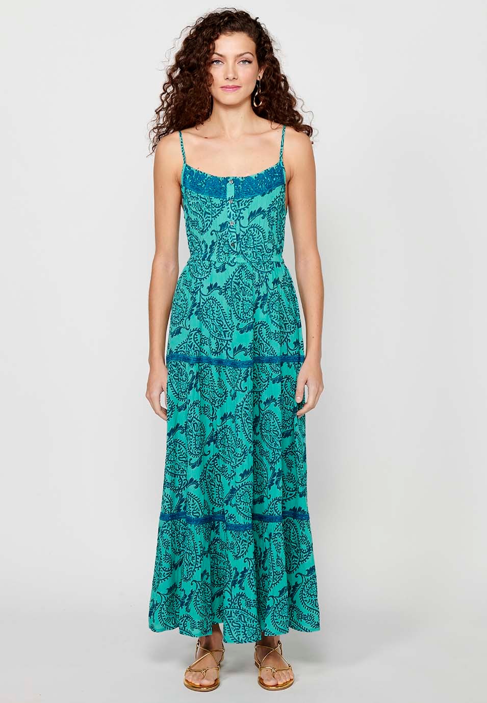 Langes Kleid mit verstellbaren Trägern mit Blumendruck und gestickten Details sowie blauen Knöpfen vorne für Damen 2