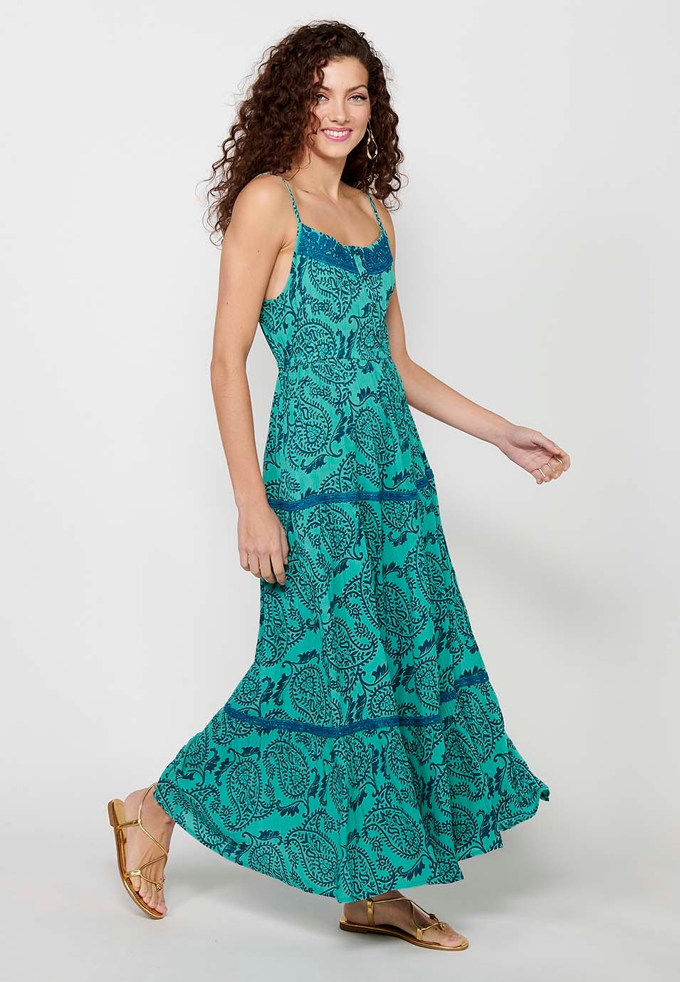 Long dress with adjustable straps with floral print and embroidered details and blue front buttons for Women 1