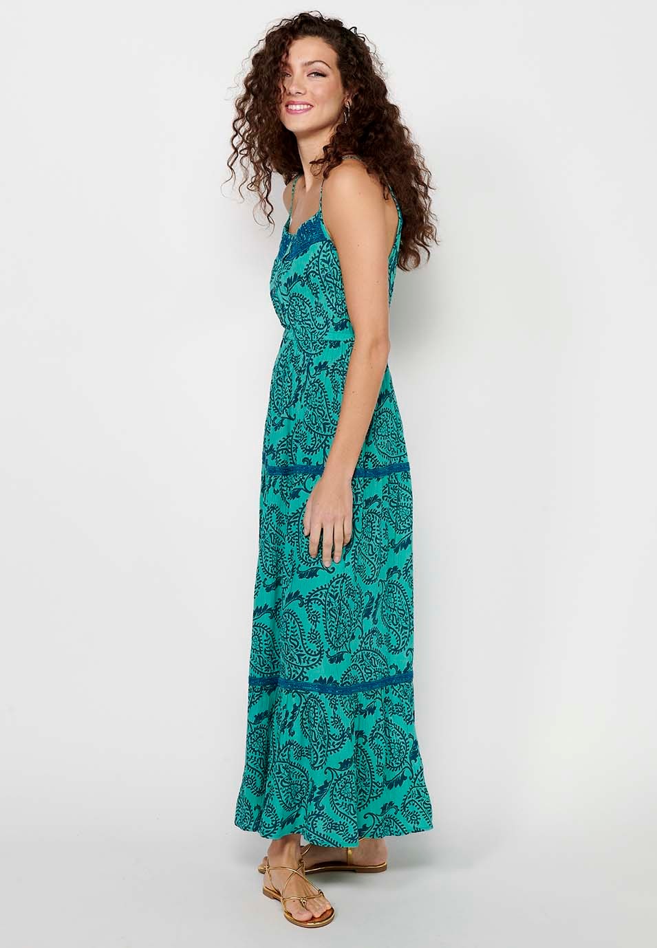 Langes Kleid mit verstellbaren Trägern mit Blumendruck und gestickten Details sowie blauen Knöpfen vorne für Damen 3
