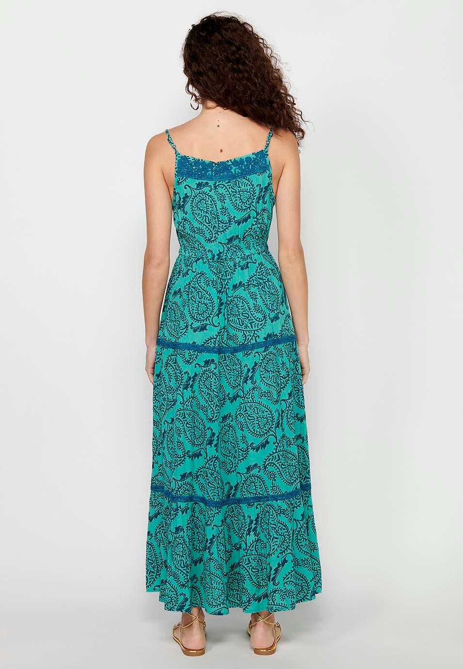Langes Kleid mit verstellbaren Trägern mit Blumendruck und gestickten Details sowie blauen Knöpfen vorne für Damen 7