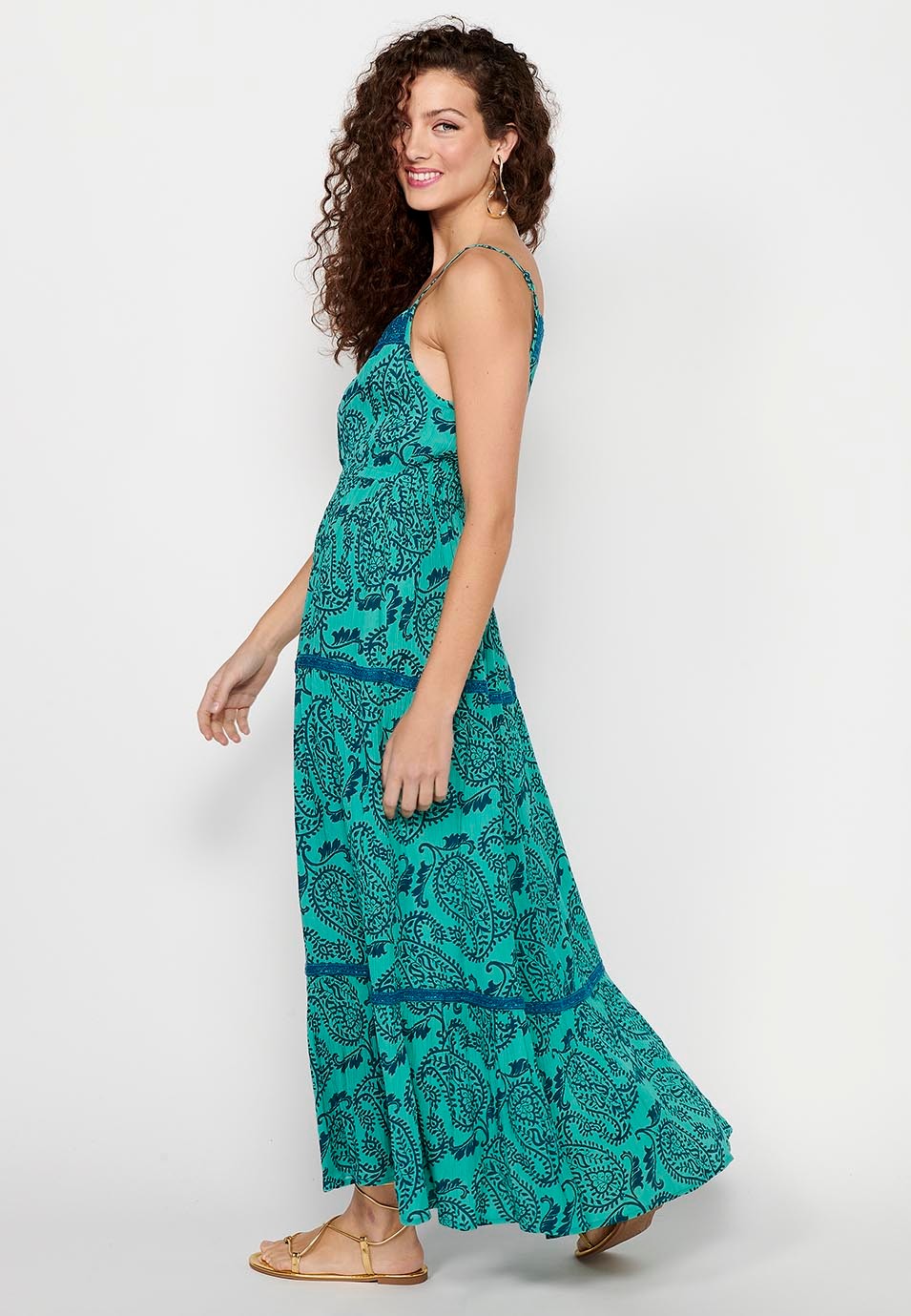 Long dress with adjustable straps with floral print and embroidered details and blue front buttons for Women 8