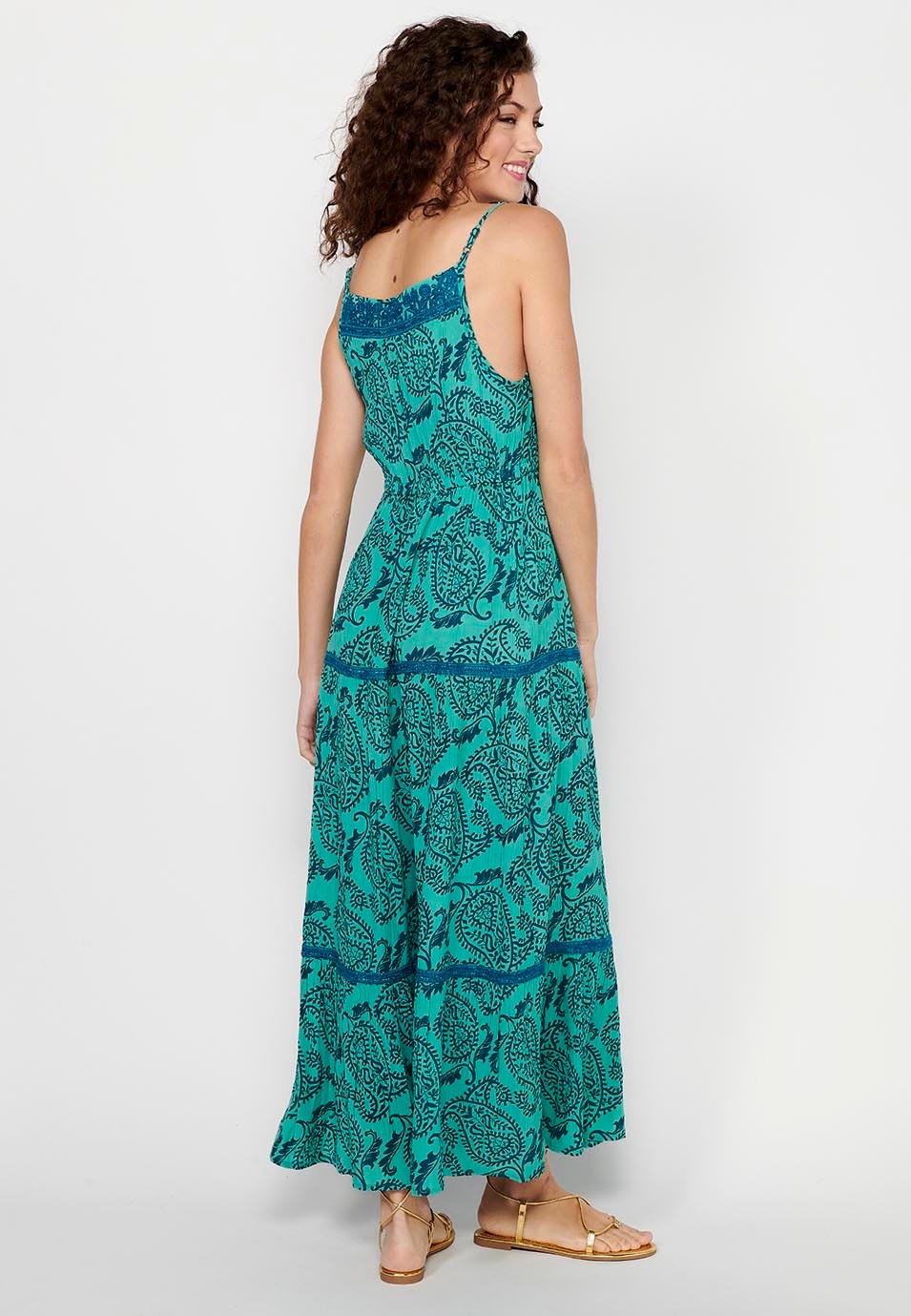 Langes Kleid mit verstellbaren Trägern mit Blumendruck und gestickten Details sowie blauen Knöpfen vorne für Damen 6