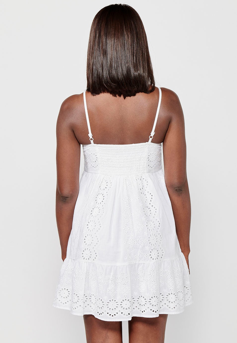 Strap dress, V-neck, embroidered fabric, white color for women