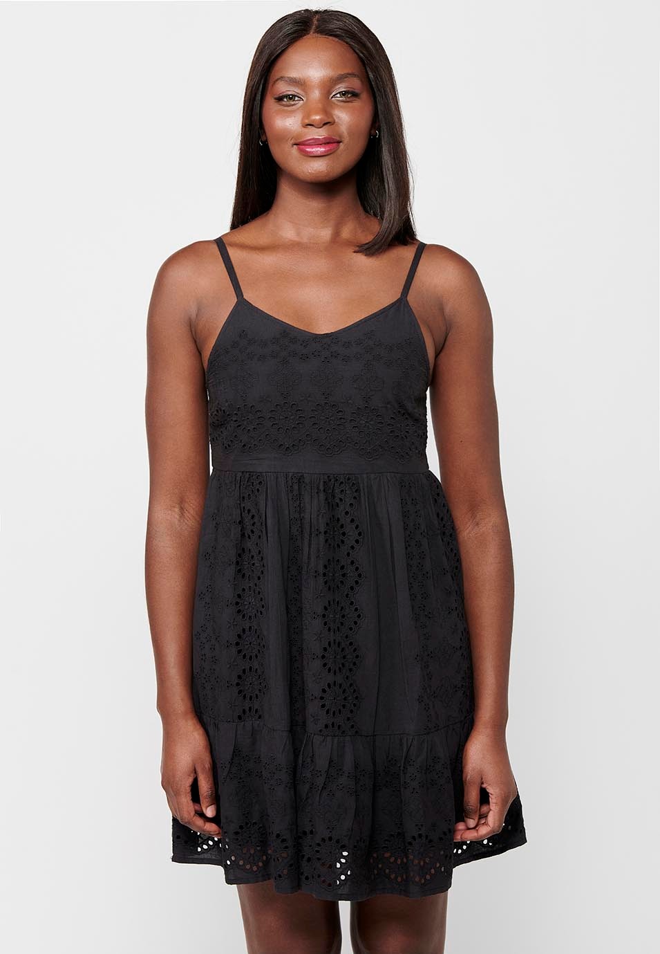 Strap dress, V-neck, embroidered fabric, Black color for women