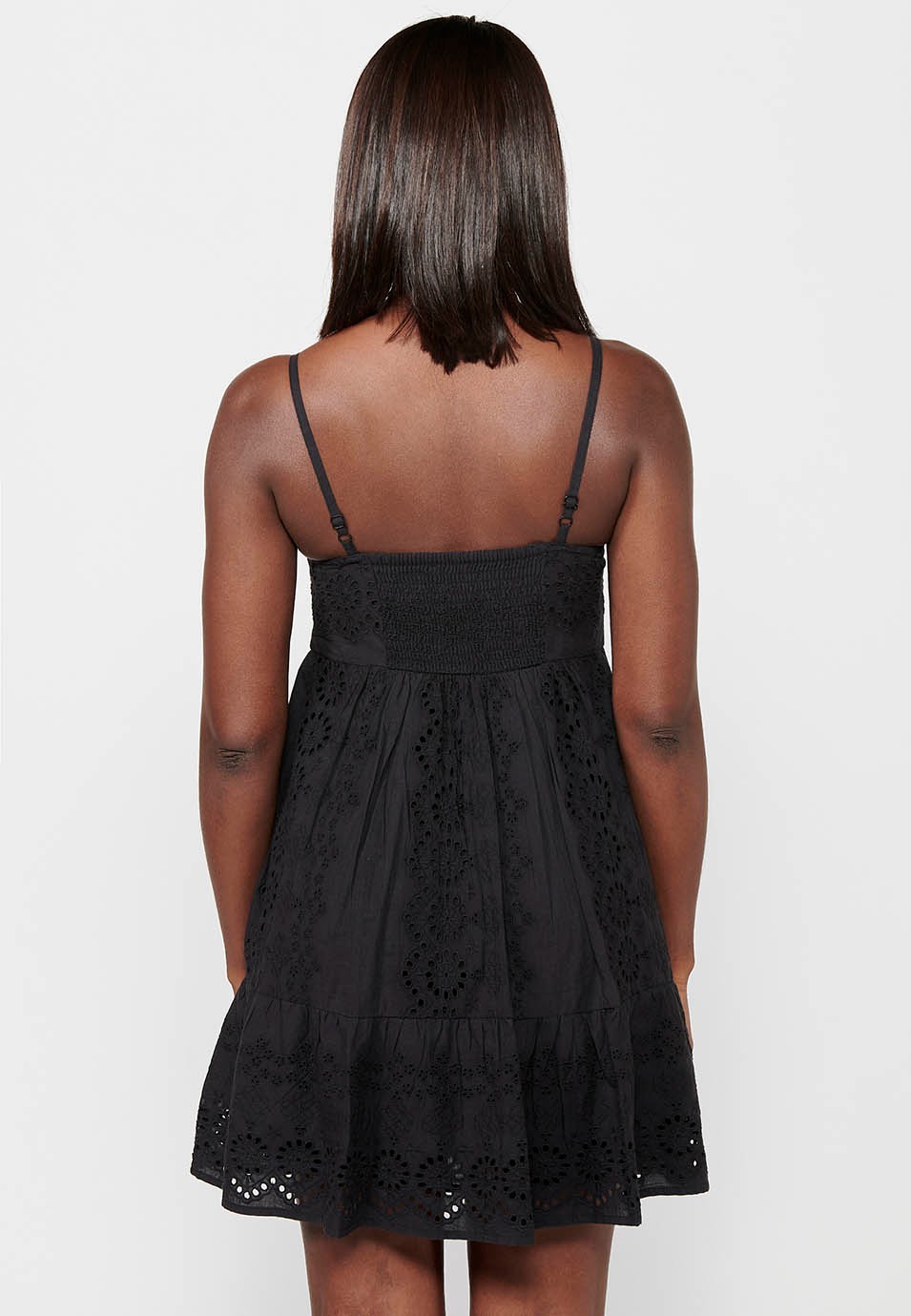 Strap dress, V-neck, embroidered fabric, Black color for women