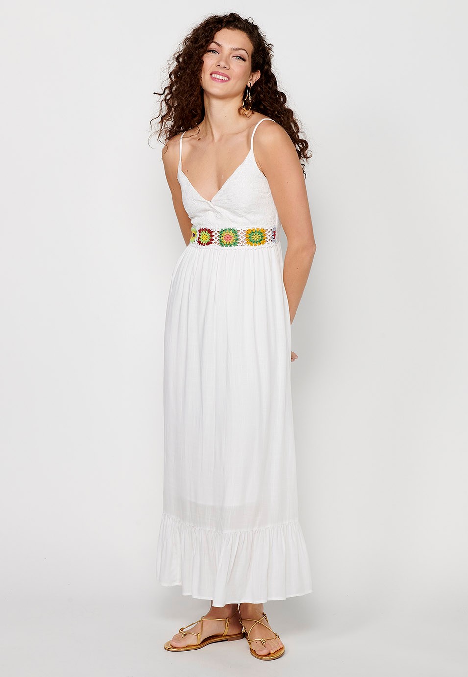 Long dress with adjustable straps with floral print and embroidered details and blue front buttons for Women 3