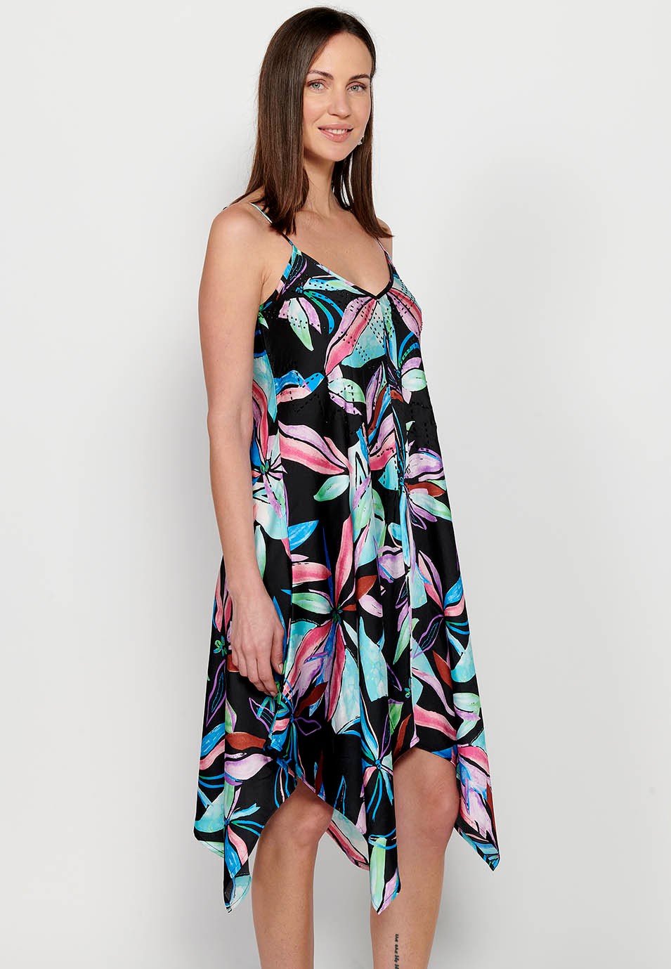 Midi dress with adjustable straps with sparkling neckline and long peaked finish with Multicolor floral print for Women 9