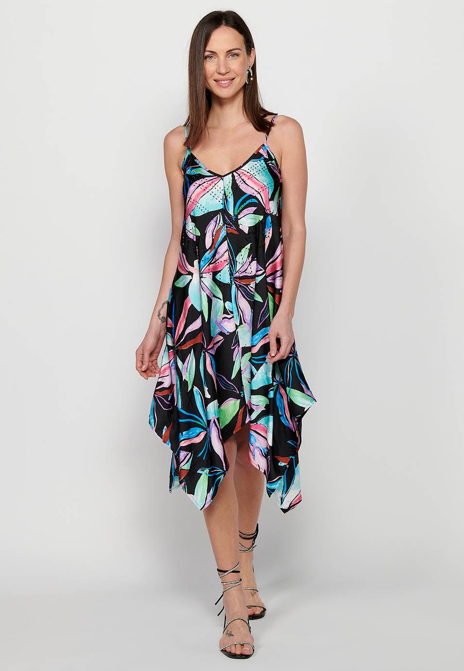 Midi dress with adjustable straps with sparkling neckline and long peaked finish with Multicolor floral print for Women