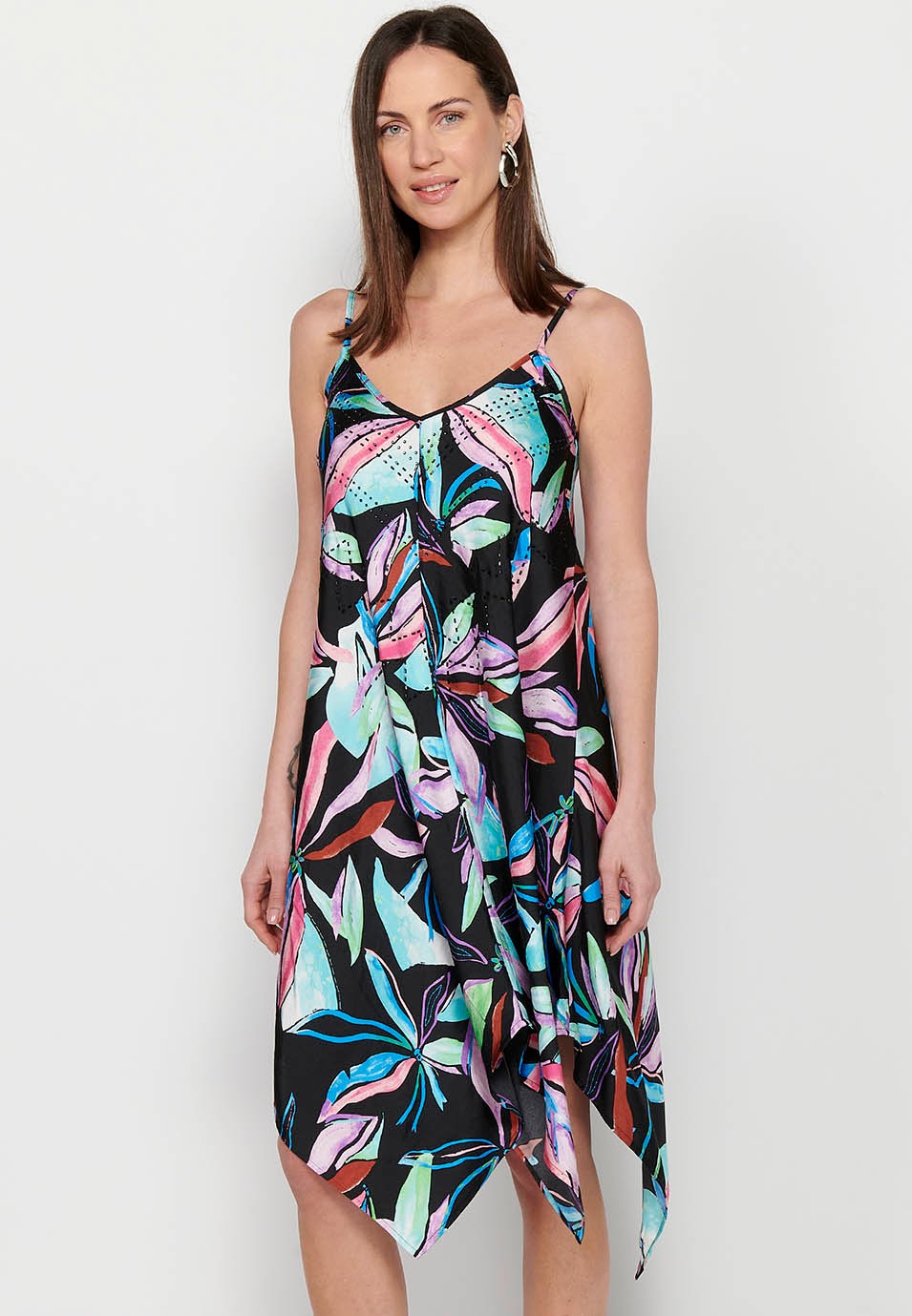 Midi dress with adjustable straps with sparkling neckline and long peaked finish with Multicolor floral print for Women 4