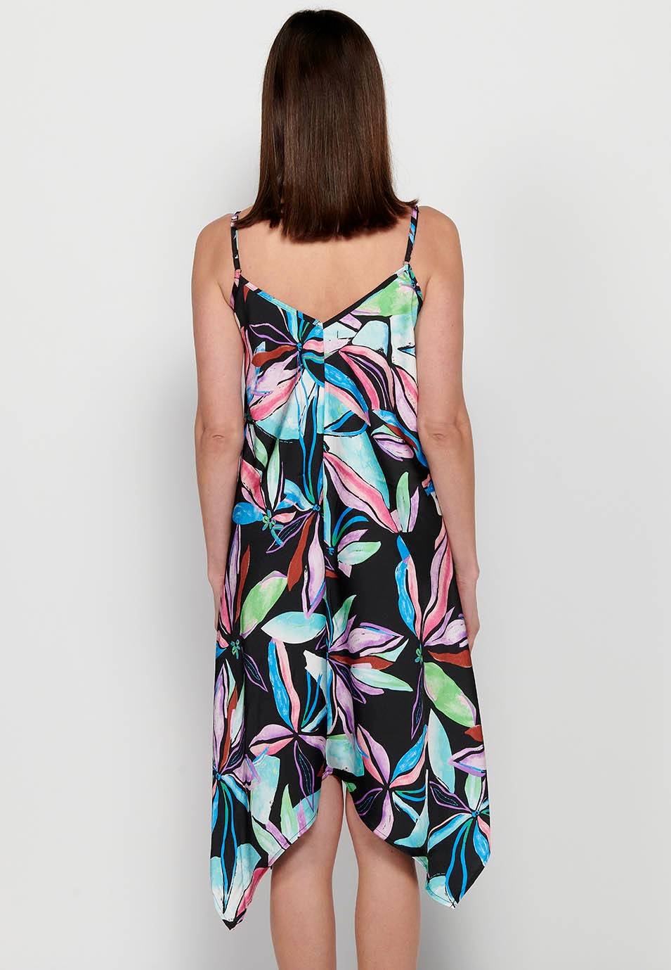 Midi dress with adjustable straps with sparkling neckline and long peaked finish with Multicolor floral print for Women 2