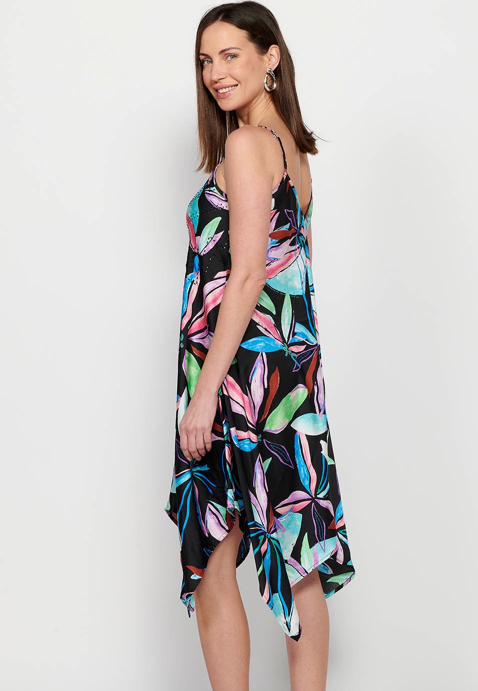 Midi dress with adjustable straps with sparkling neckline and long peaked finish with Multicolor floral print for Women 3