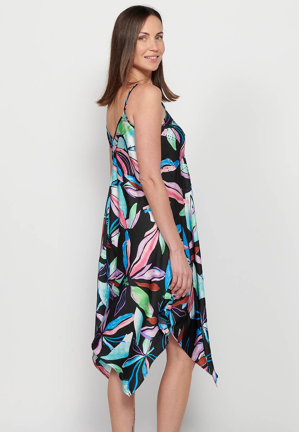 Midi dress with adjustable straps with sparkling neckline and long peaked finish with Multicolor floral print for Women 1