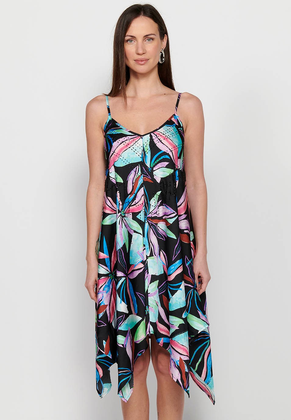 Midi dress with adjustable straps with sparkling neckline and long peaked finish with Multicolor floral print for Women 8