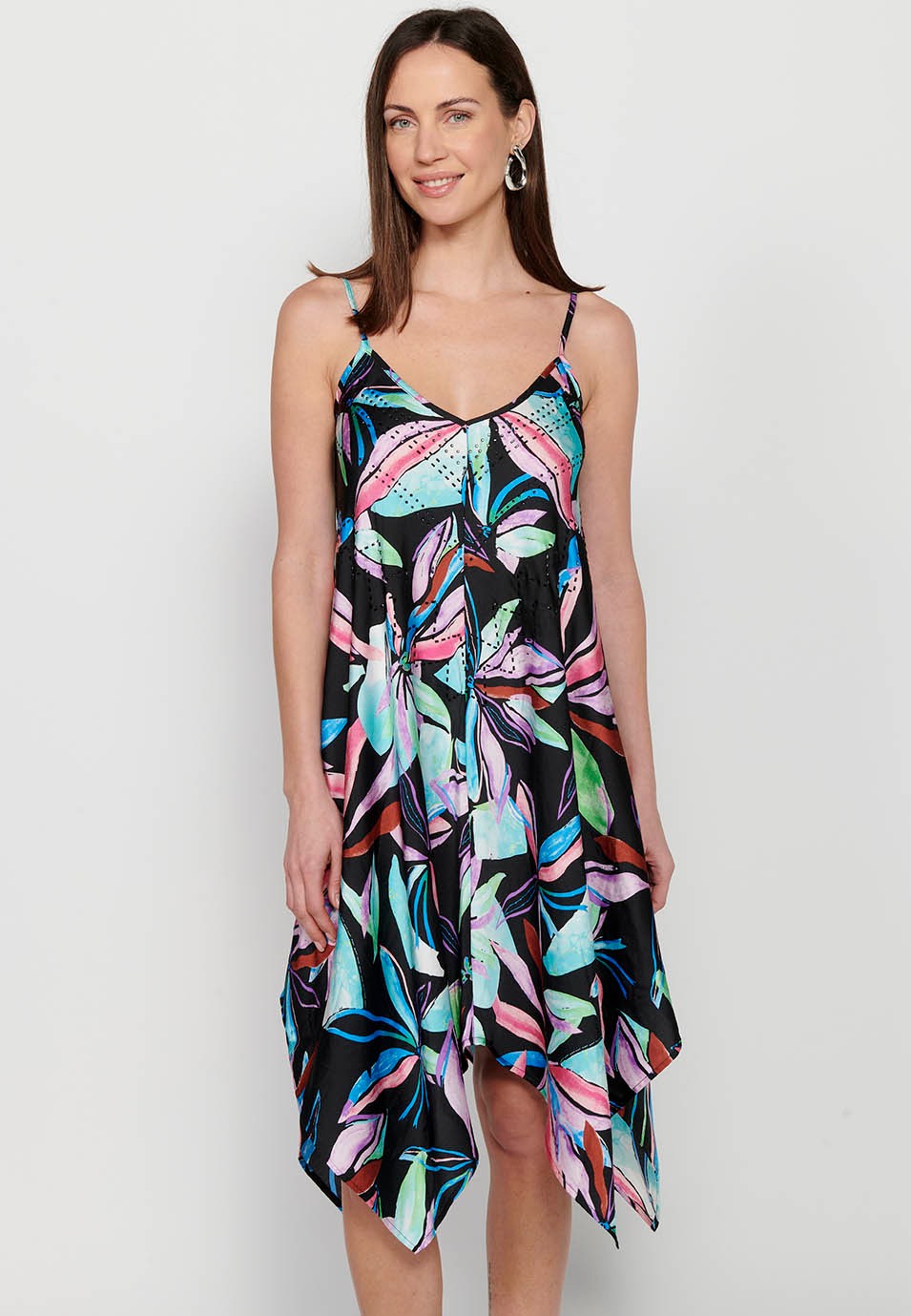 Midi dress with adjustable straps with sparkling neckline and long peaked finish with Multicolor floral print for Women 7