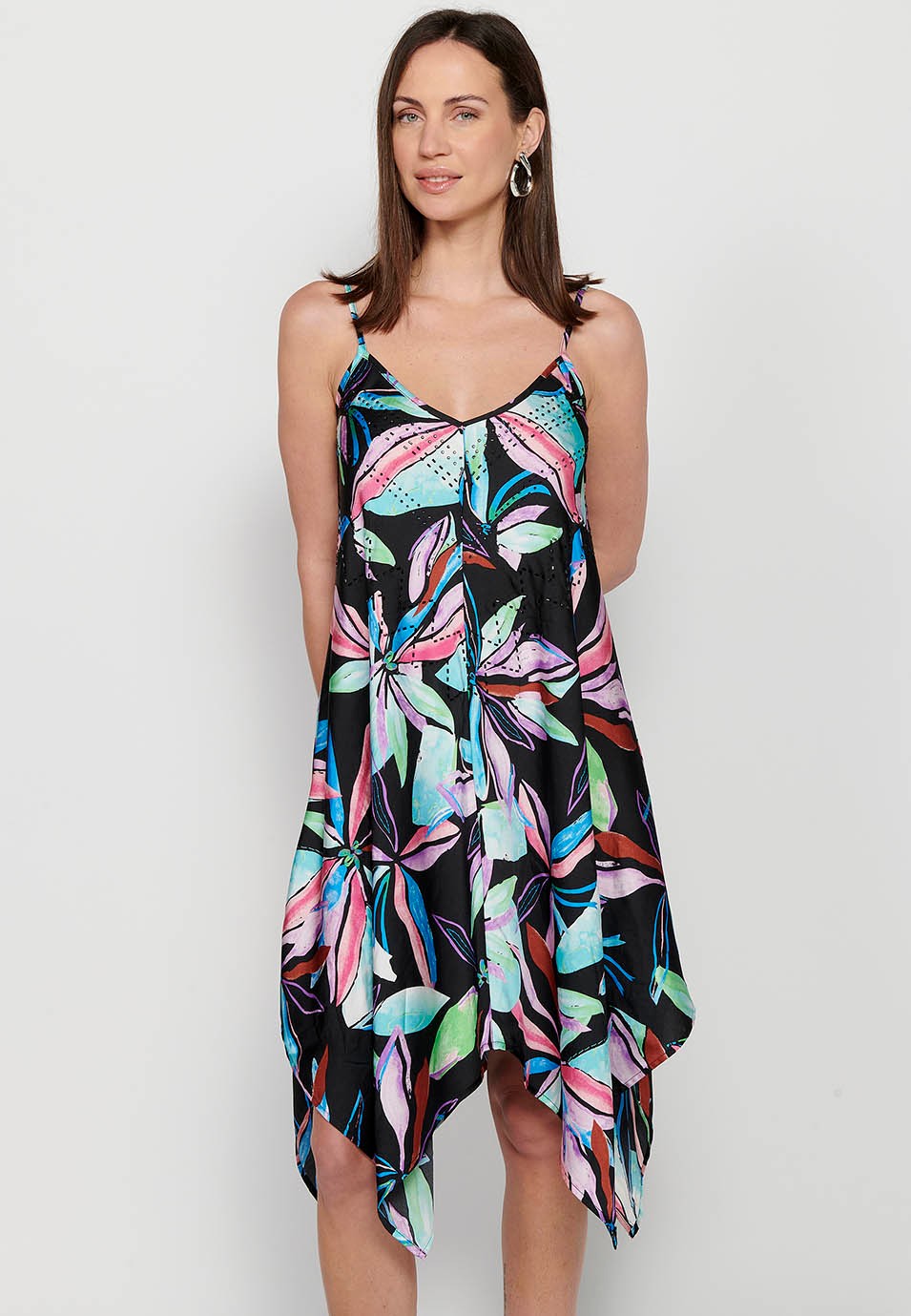 Midi dress with adjustable straps with sparkling neckline and long peaked finish with Multicolor floral print for Women 6