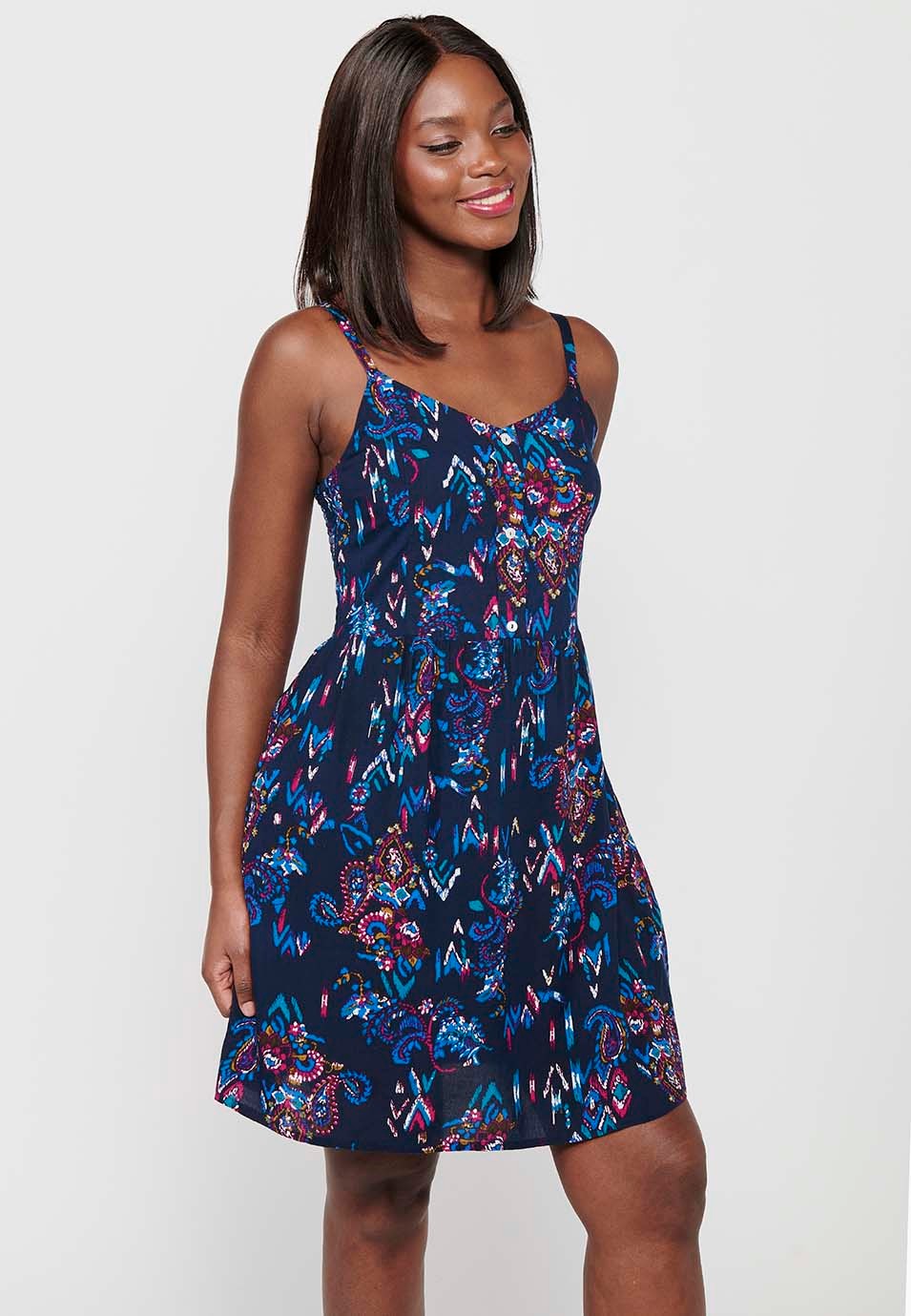 Women's Blue Floral Print V-Neck Strap Short Dress