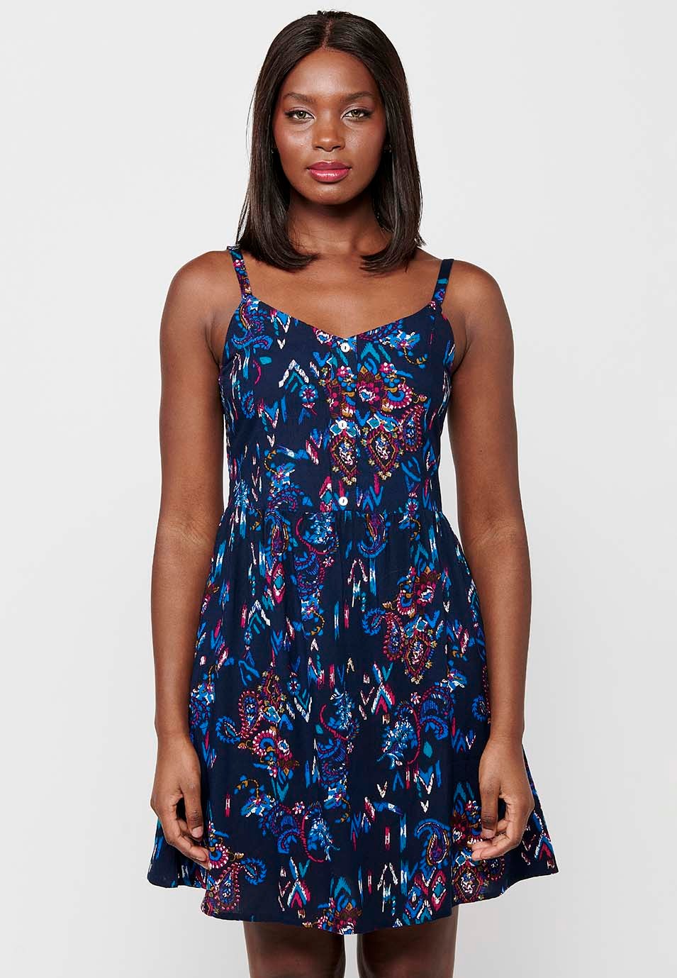 Women's Blue Floral Print V-Neck Strap Short Dress