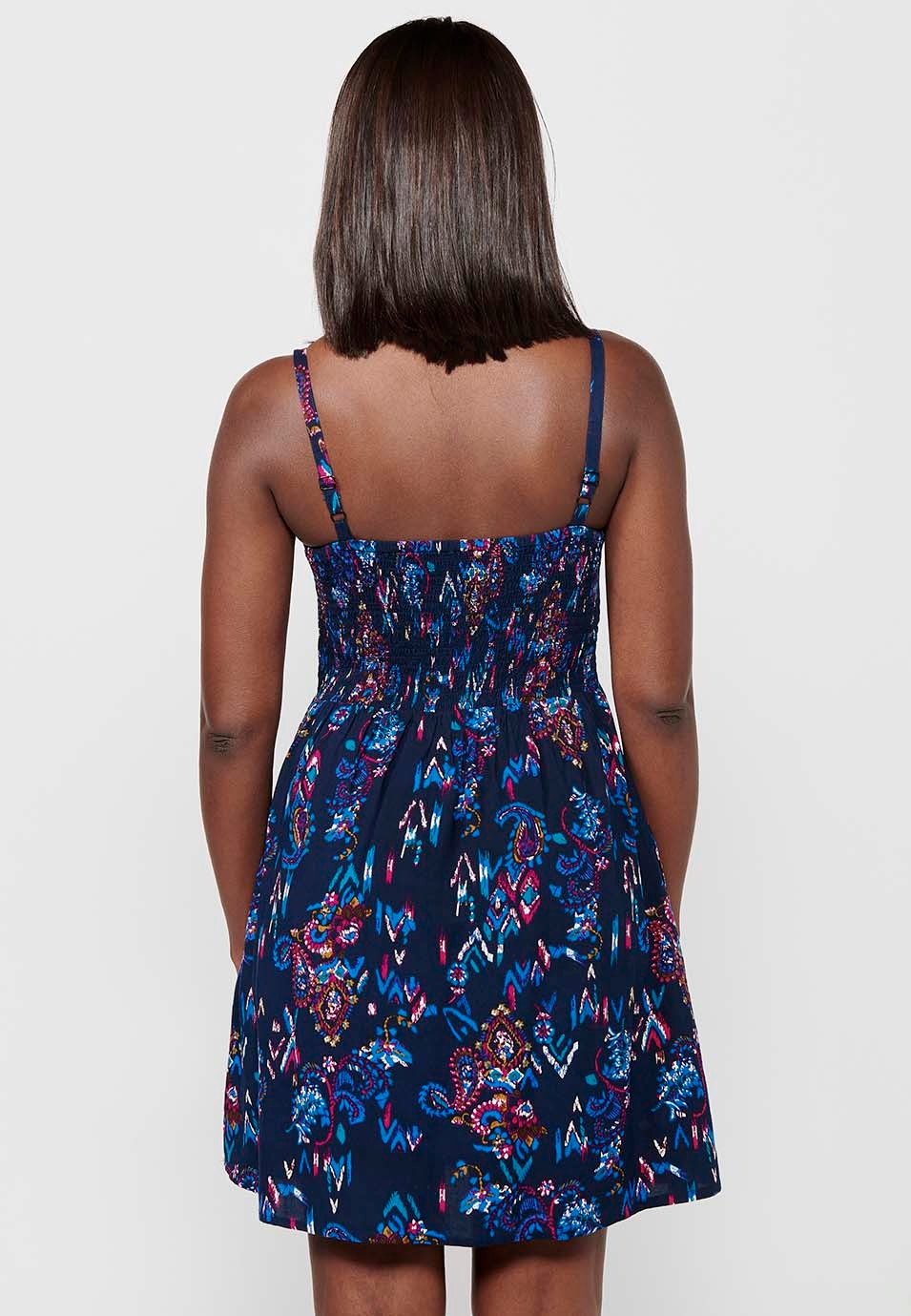 Women's Blue Floral Print V-Neck Strap Short Dress