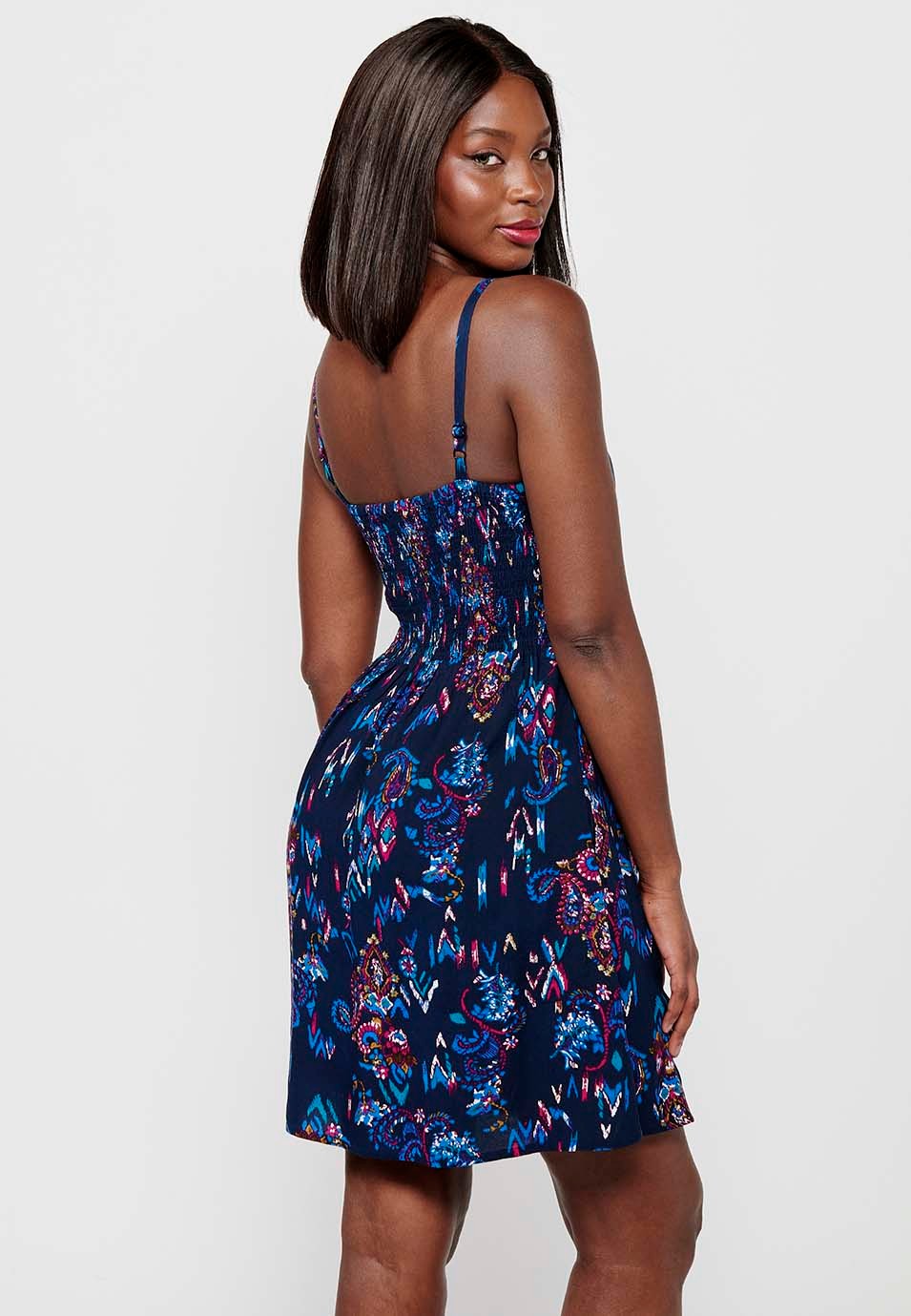 Women's Blue Floral Print V-Neck Strap Short Dress
