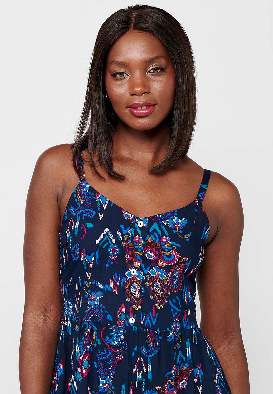 Women's Blue Floral Print V-Neck Strap Short Dress